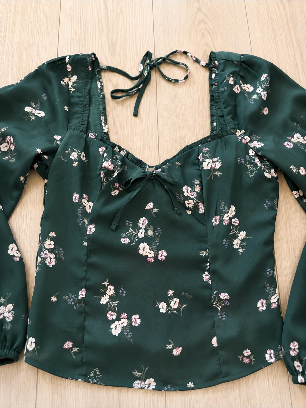 Abercrombie & Fitch Dark Green Floral Tie-Neck Peasant Top